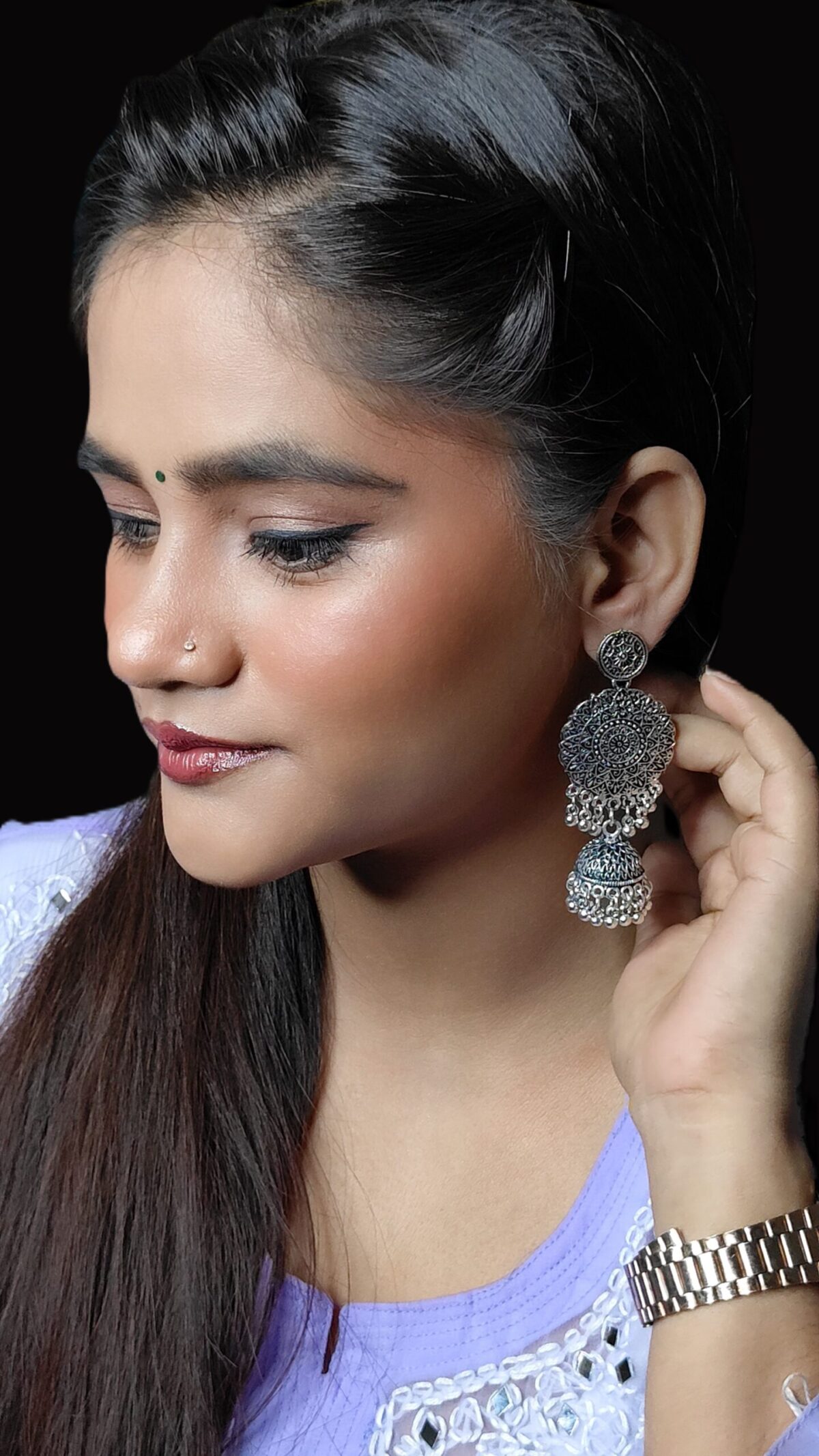 Luxurious Round Silver Jhumkas - Image 2