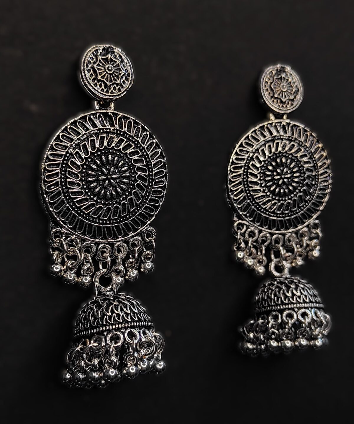 Luxurious Full Moon Round Silver Jhumkas