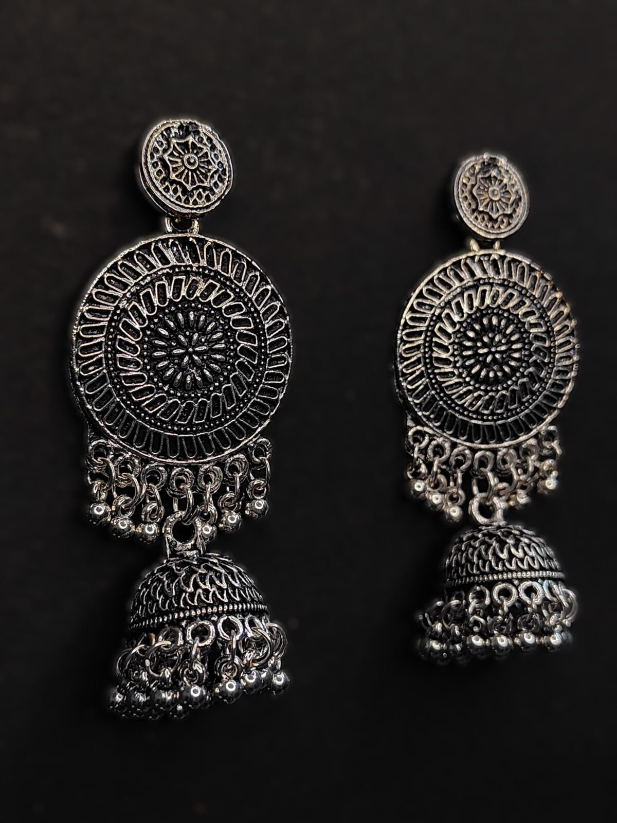 Luxurious Full Moon Round Silver Jhumkas