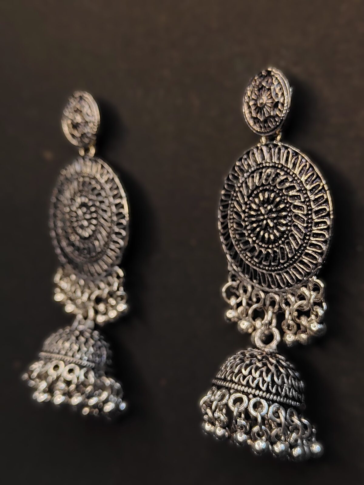 Luxurious Full Moon Round Silver Jhumkas - Image 4