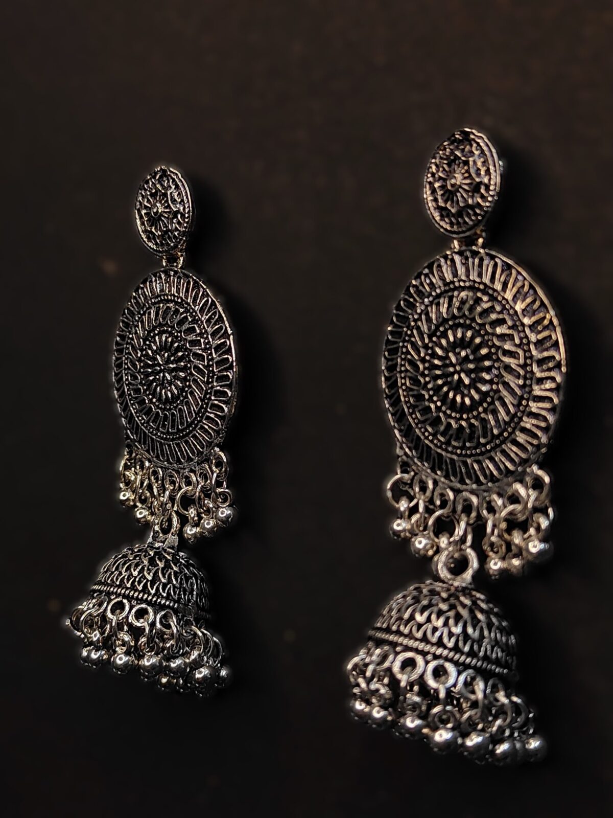 Luxurious Full Moon Round Silver Jhumkas - Image 3