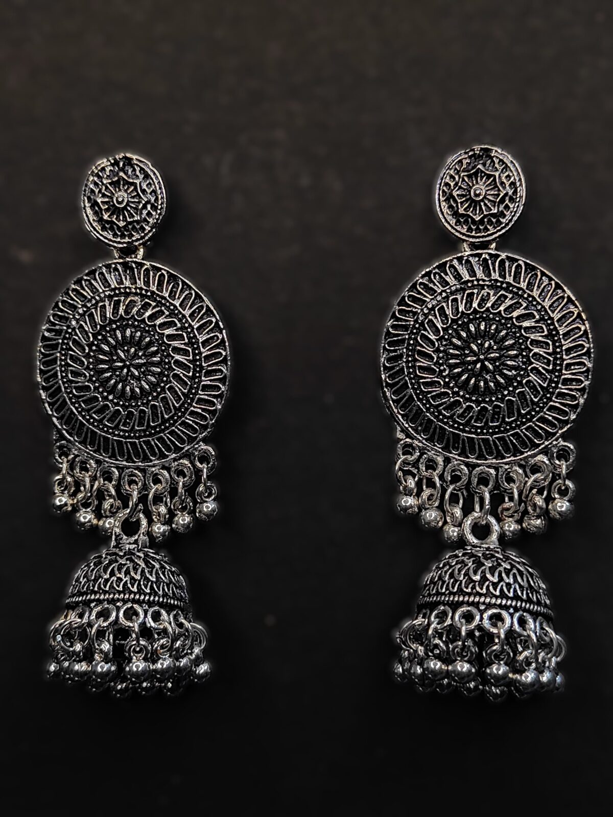 Luxurious Full Moon Round Silver Jhumkas - Image 2